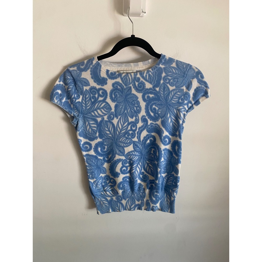 Merona Womens Blue White Floral Paisley Cotton Short Sleeve Knit Sweater XS